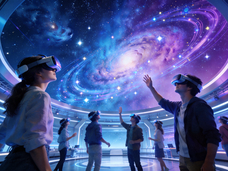 全景沉浸VR直播大厅概念图 - 展示用户佩戴VR设备沉浸在多维星空场景中